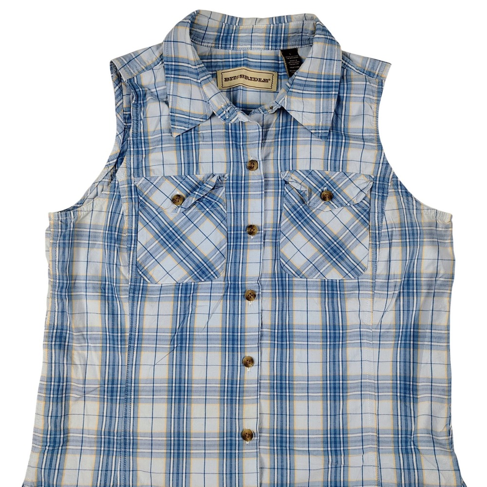 Bit & Bridle Womens Blue Yellow Plaid Sleeveless Button Down Shirt L Equestarn
